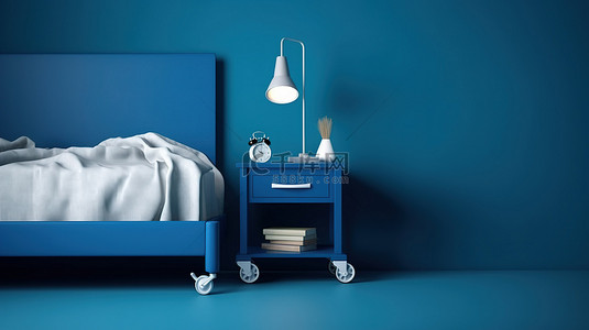 时尚的双色调风格 3D 渲染蓝色现代卧室，配有滚动床头柜