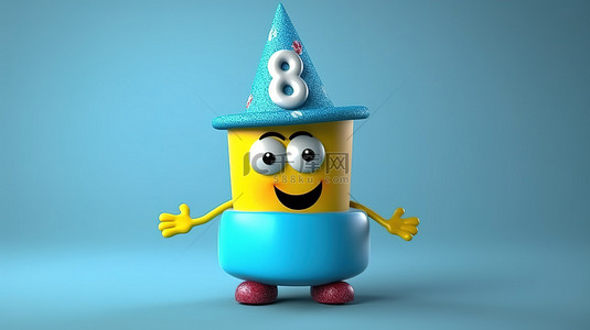 生日快乐生日贺卡背景图片_快乐的 8 岁生日可爱的派对角色戴着帽子 3d 渲染