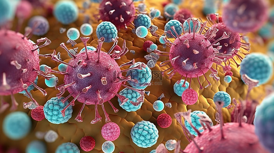医学细胞背景图片_微生物病毒和宝石的微观世界 3D 渲染的特写