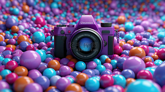 充满活力的球体包含紫色背景上的蓝色相机 3D 插图