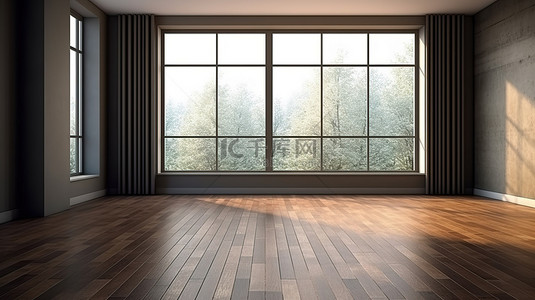 供背景图片_阴暗的房间，配有木地板和窗户，宽敞的房间可供模型 3D 渲染