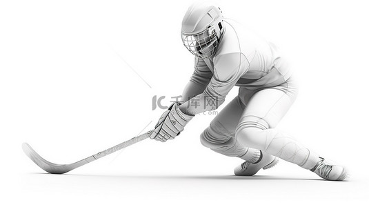 男性体检背景图片_男性曲棍球运动员挥杆击球的白色背景 3D 渲染