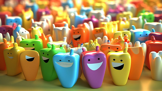 医疗牙齿背景图片_色彩缤纷的牙齿是口腔卫生的有趣表现，具有创意的 3D 渲染