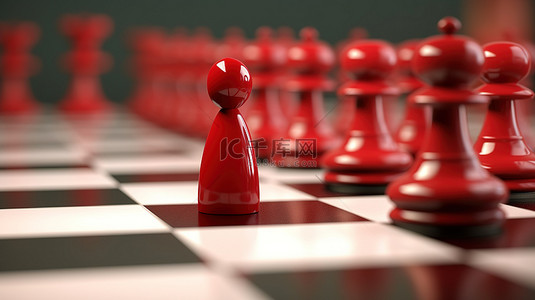 商业红背景图片_卡通红棋王站在一排卡通棋子前的 3D 渲染