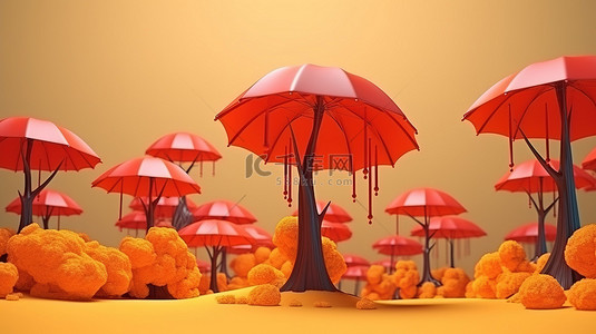 雨天自然背景图片_自然主题秋季设计卡通风格 3D 插图雨伞