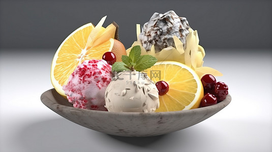 椰子柠檬浆果和苹果冰淇淋勺的美味 3D 渲染
