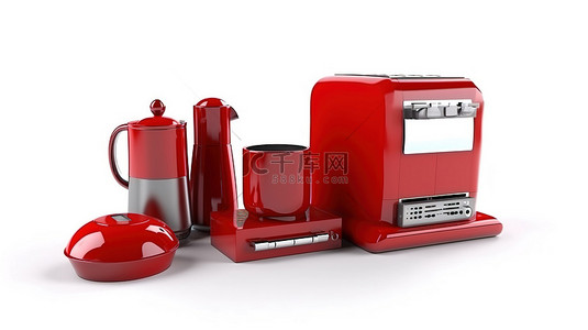 混合咖啡背景图片_红色邮箱在白色表面上容纳全套厨房用具的 3D 渲染