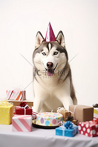 戴着生日帽的西伯利亚哈士奇，白桌上放着生日礼物