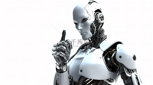 白色背景孤立的女性机器人或机器人在 3d 中竖起大拇指