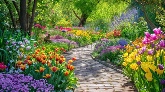 春天感觉的公园鲜花盛花背景素材