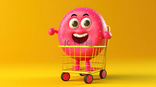 粉红音乐会背景图片_3D 渲染一个可爱的粉红色釉面甜甜圈吉祥物在阳光明媚的黄色背景上推着购物车