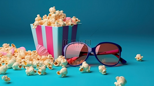 在蓝色和粉色表面上欣赏立体浮雕一次性纸 3D 眼镜爆米花和电视遥控器的电影顶视图