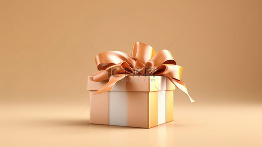 丝带圣诞背景图片_用棕色丝带打开浅色背景礼品盒的 3D 插图