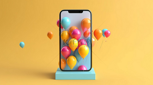 3D 渲染的手机模型，具有代表销售概念的节日气球和礼品盒