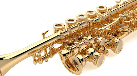 新渲染的黄铜管乐器，采用闪亮的金色金属，隔离在白色背景上
