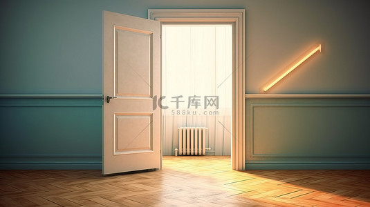 vi指示牌背景图片_一扇敞开的门的 3D 插图，带有箭头符号，指示文本的路径空间