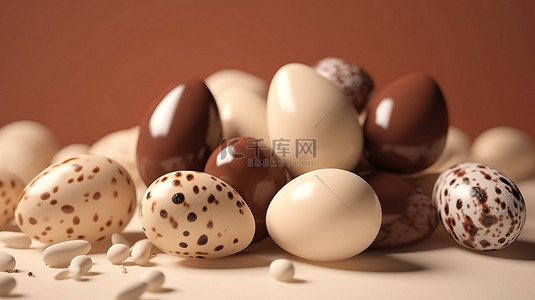 四月问候背景图片_米色背景与象牙色和棕色复活节彩蛋 3d 为您的节日项目呈现