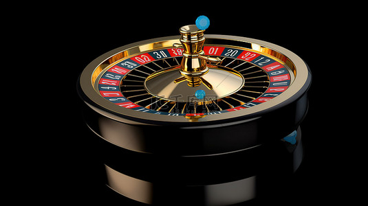 带有蓝色球和金芯片的黑色赌场轮盘 3d 渲染在黑色上隔离，带有剪切路径