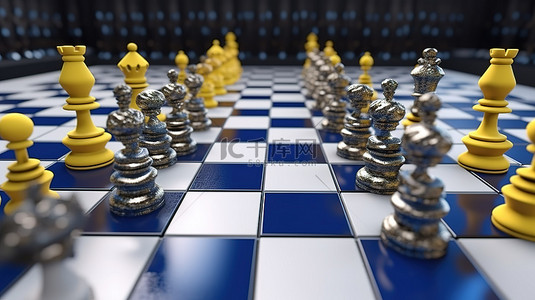 真实的 3D 国际象棋棋盘游戏描绘俄罗斯乌克兰紧张局势