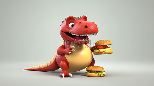 机智的 3d 深红色恐龙拿着汉堡