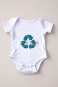 蓝色和白色的婴儿连体衣，上面有回收标志