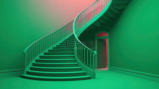 充满活力的小精灵绿色背景与 3d 呈现新奥尔良风格的彩色楼梯