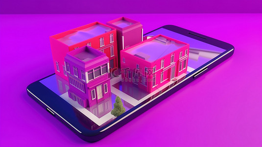 智能建造背景图片_紫色背景展示了通过智能手机屏幕查看的交通街上的 3D 建筑