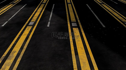 柏油地背景图片_在 3D 渲染中从上方查看的黄色衬里沥青路