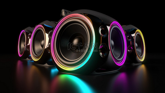 黑色喇叭背景图片_光滑的黑色反光表面上的 3D 霓虹灯扬声器