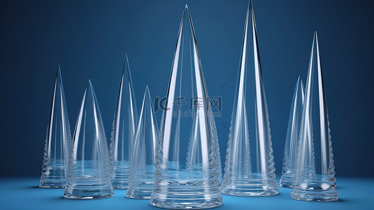 玻璃奖杯背景图片_蓝色背景，带有一组隔离并以 3D 渲染的玻璃锥体奖杯