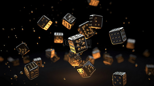 黑色游戏骰子立方体在黑暗背景下运动的 3D 渲染，描绘了赌场赌博的概念