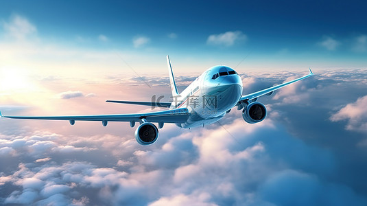商务科技插图背景图片_一架商用飞机在厚厚的云层中翱翔的 3D 插图
