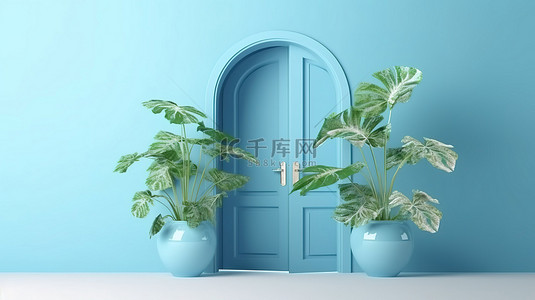 蓝色的门窗背景图片_令人惊叹的蓝色植物概念门窗 3D 渲染，非常适合夏季演示
