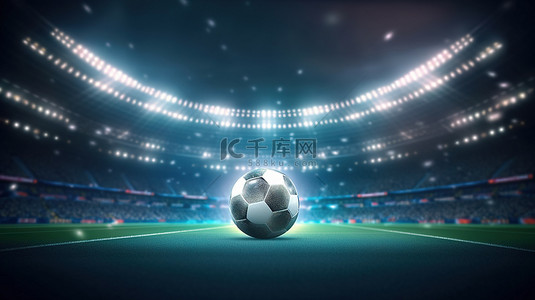 足球和体育场灯照亮 3D 渲染中的运动背景