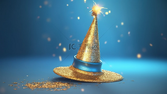 神秘复苏背景图片_迷人的魔法 3D 渲染金色帽子和魔杖，蓝色背景上闪闪发光的金色火花