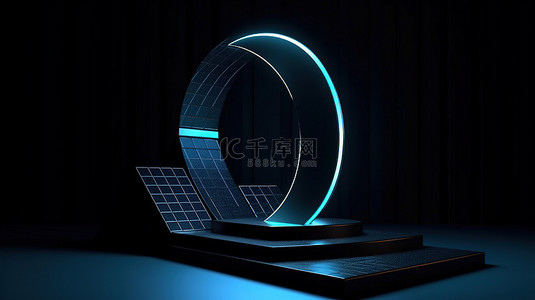 黑色聚光背景背景图片_黑色背景上的产品展示架蓝色几何 3D 渲染
