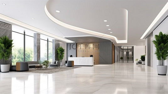 现代接待区 3D 渲染的现代办公楼入口大厅模型