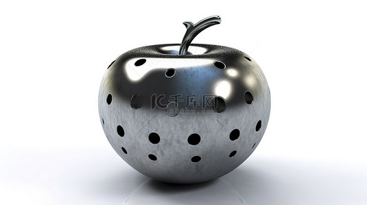 白色背景下隔离的金属苹果的 3d 渲染