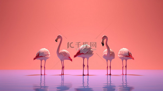 3D 渲染的粉红色天堂中的粉红色火烈鸟