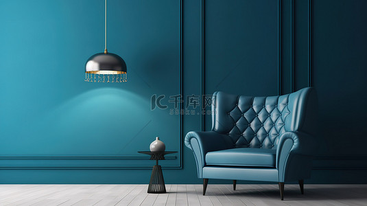 时尚的 3D 渲染房间，墙壁空白，配有舒适的蓝色扶手椅和优雅的吊灯