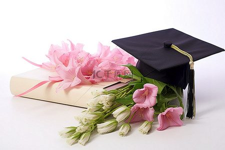 鲜花花束和带有对开页和粉红色花朵的毕业帽