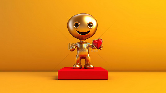 黄色背景上拿着金奖得主奖杯的红心吉祥物人物角色的 3D 渲染