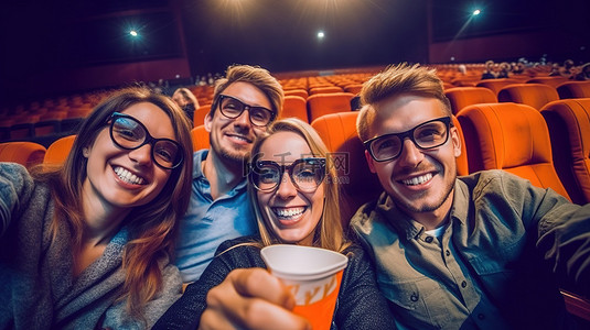 周末快乐背景图片_戴着 3D 眼镜微笑的朋友用电影院自拍捕捉有趣的时刻
