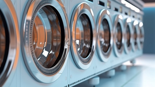 公共洗衣房工业现代洗衣机的特写 3D 渲染