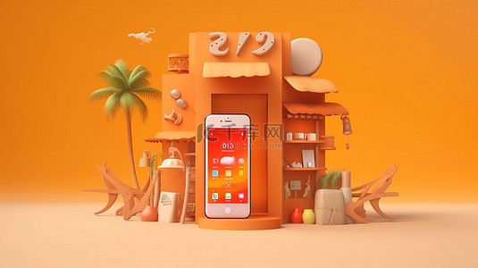 手机橙色背景图片_海滨商店形状为智能手机 3d 渲染，橙色背景上有彩色点缀