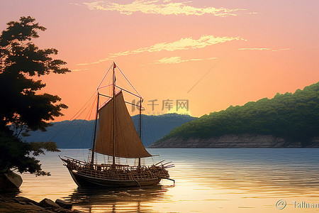 一艘船沉在田园诗般的湖岸上等待日落