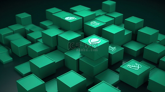 绿色背景与 3d 渲染中的多个方形 whatsapp 徽章