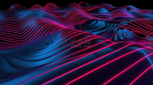 3D 插图中的一排排霓虹灯纺织品，以粉红色和蓝色背景为背景，图案复杂