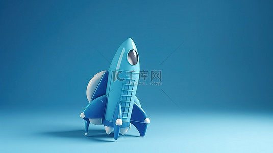 卡通宇宙飞船在蓝色背景下发射创新业务启动概念