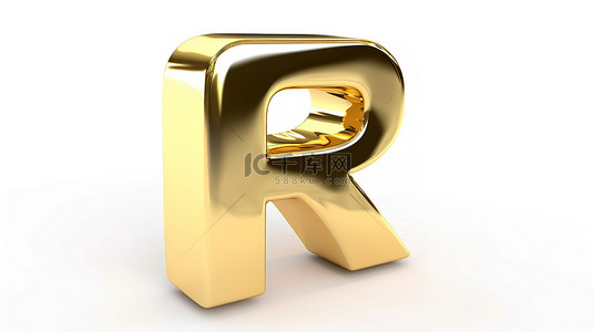 字母“r”的金色金属 3d 再现显示在空白的白色背景上
